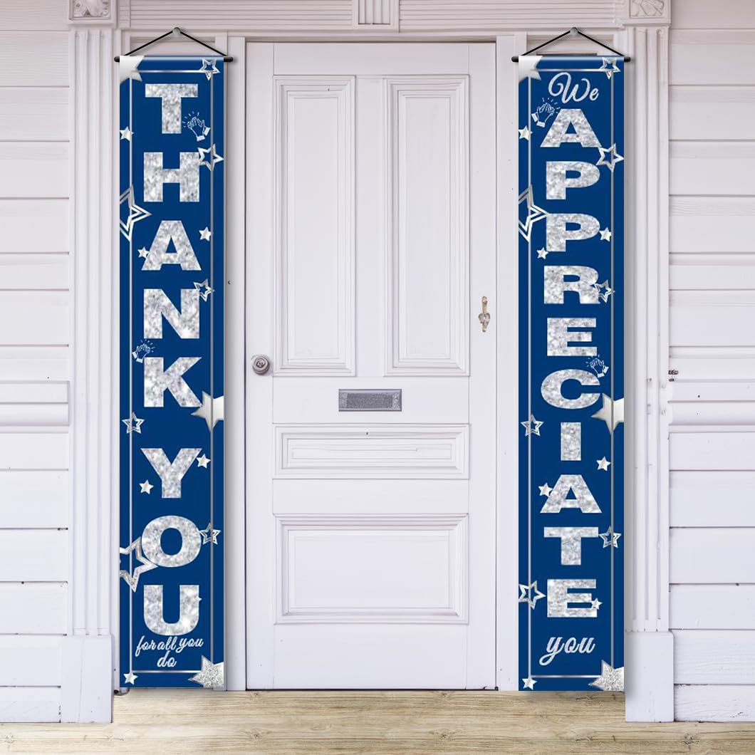 We Appreciate You Banner Decorations Thank You Door Banner Thank You for All You Do Backdrop for Teacher Employee Staff Doctors Nurse Poaster Volunteer Appreciation Week Party Porch Sign - Blue Silver