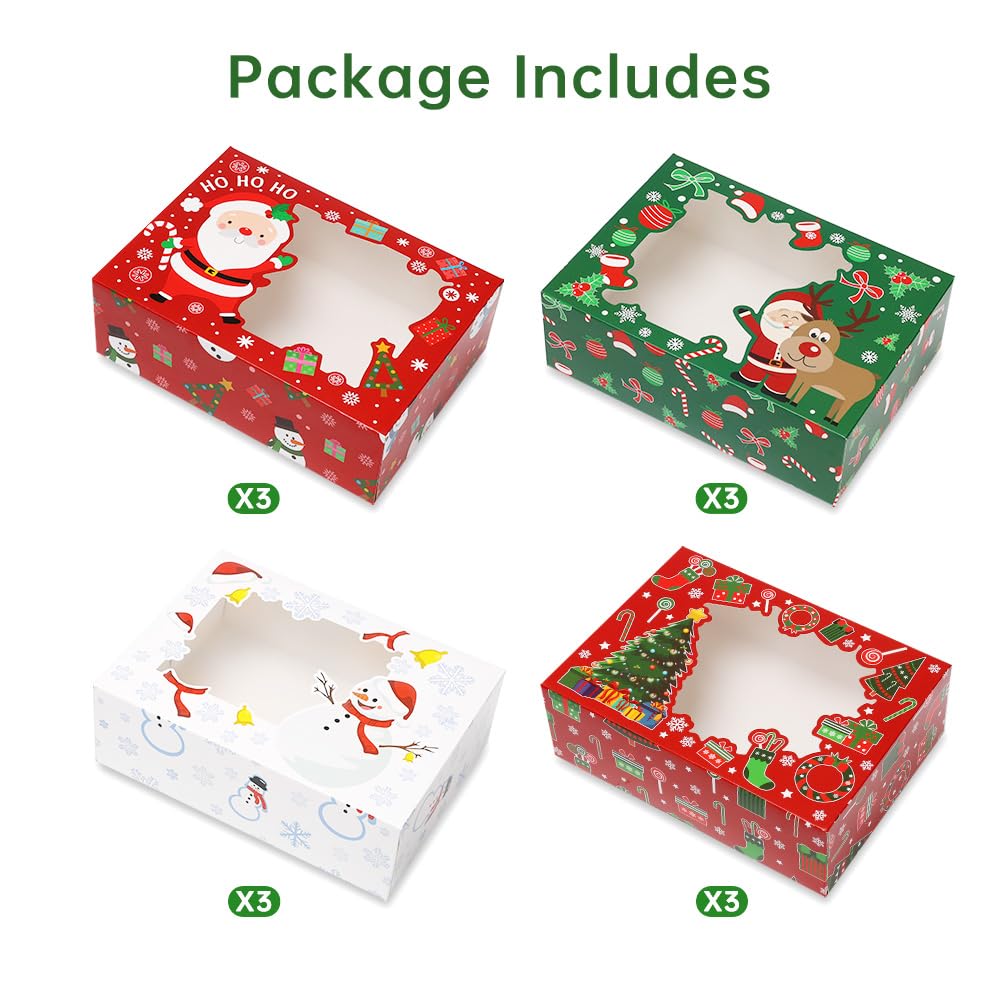 AKEROCK Christmas Cookie Boxes, 12 PCS Holiday Cookie Tins with Lid for Gift Giving and Cupcake, Candies, Food Packaging, Christmas Cookie Containers with 4 Patterns