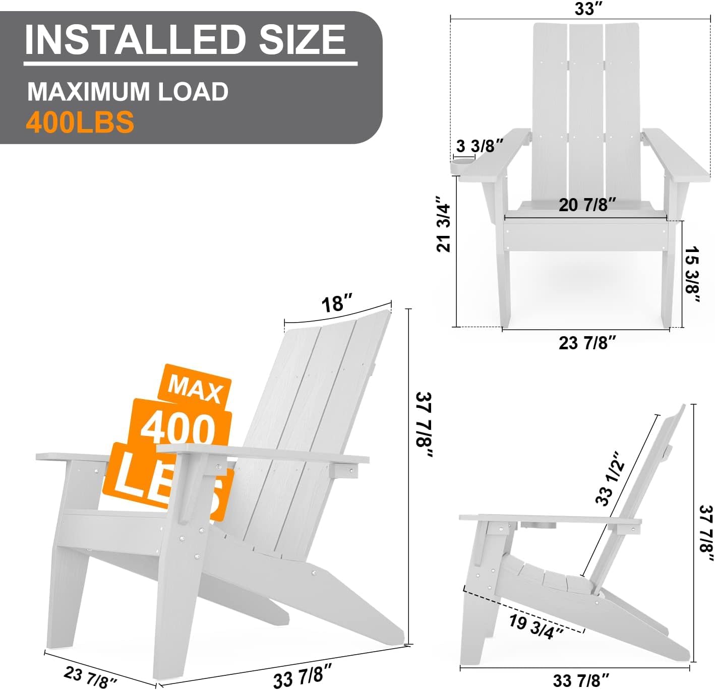 MXIMU Modern Adirondack Chairs Set of 6 Weather Resistant with Cup Holder Oversize Plastic Fire Pit Chairs Plastic Outdoor Chairs for Firepit Area Seating (White)