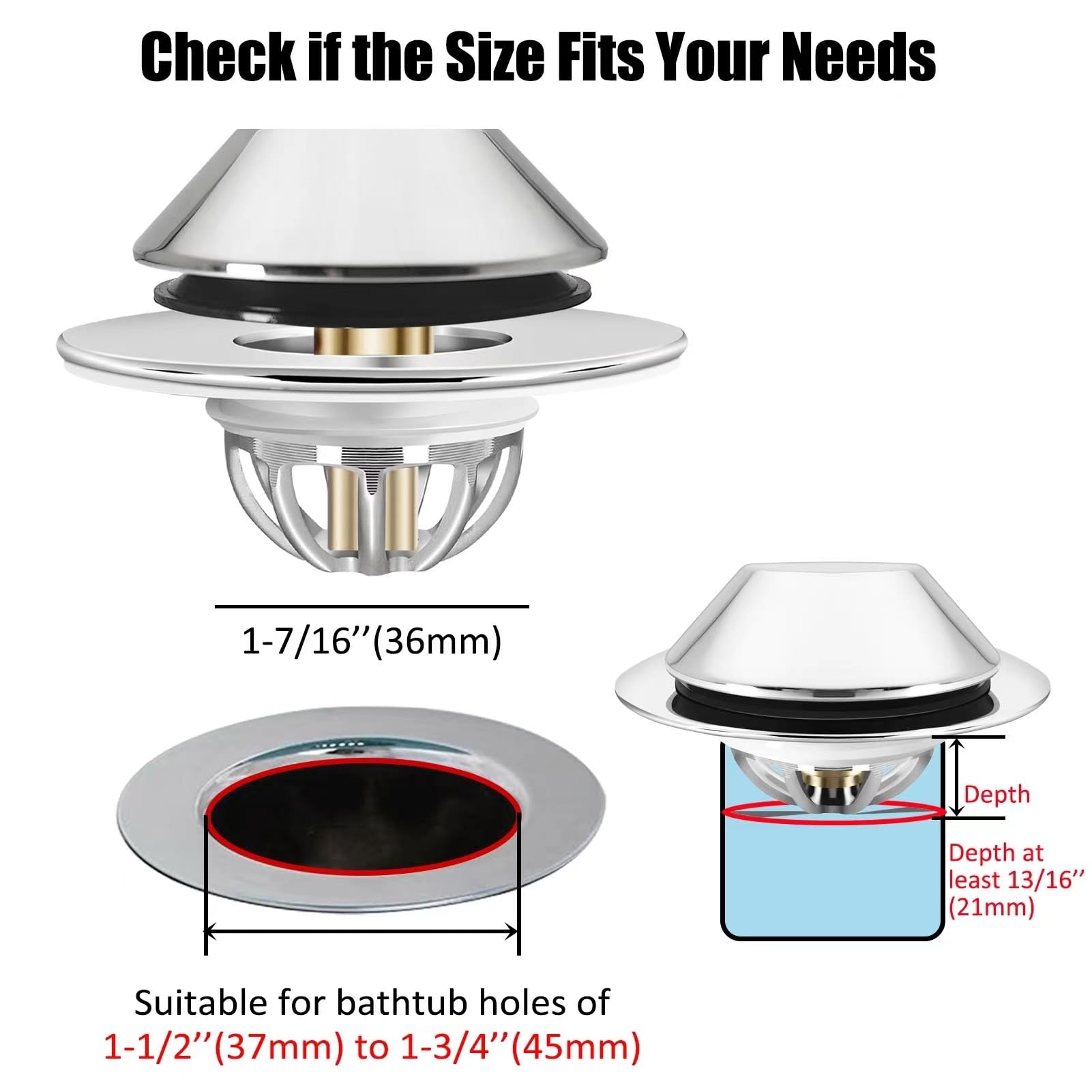 Anlige Bathtub Drain Stopper,Pop Up Tub Stopper Bottom with Drain Hair Catcher,Bathtub Plug and Cover with Strainer,Universal for 1.45 to 1.8in Drain Hole,Replaces Lift & Turn, Tip-Toe or Trip Lever