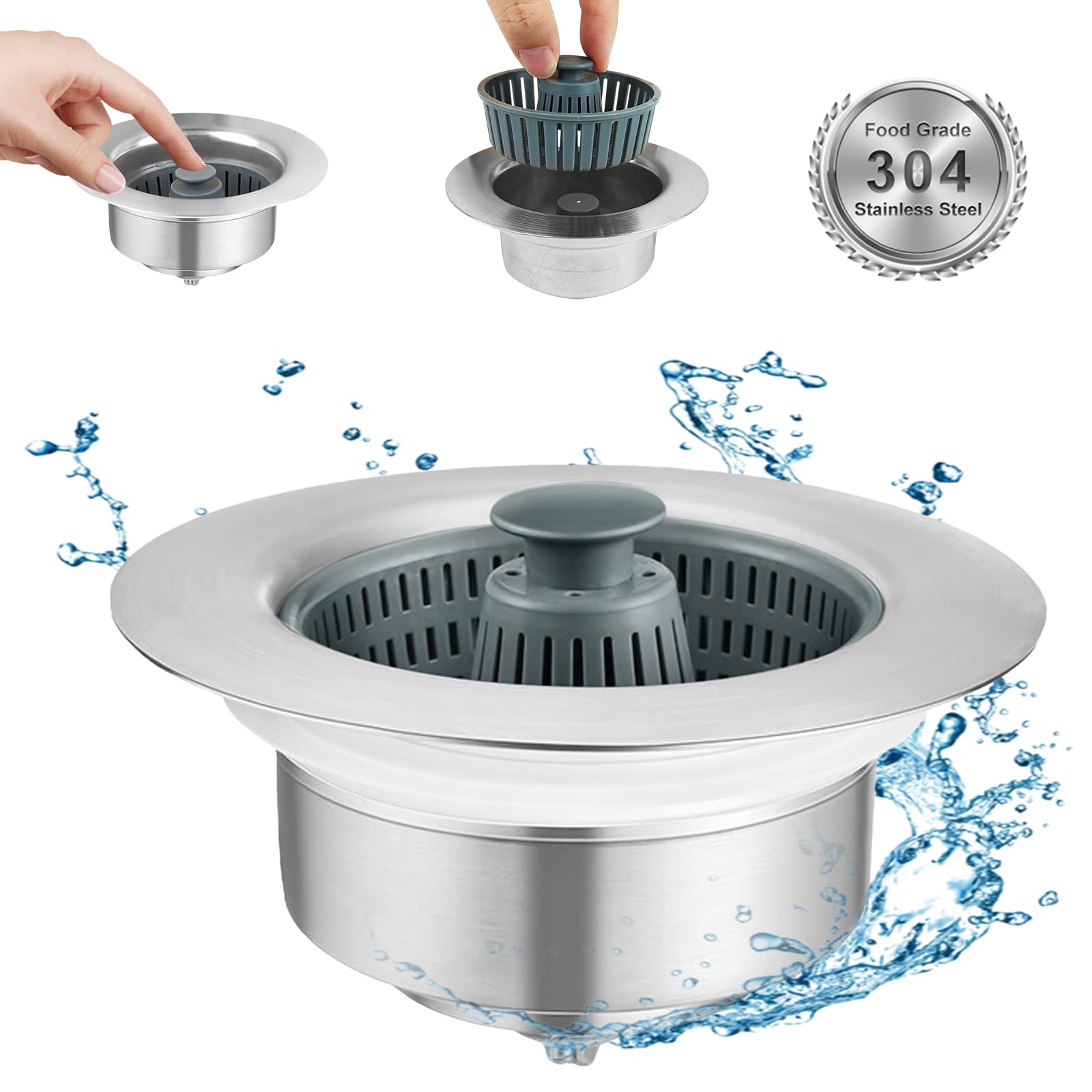 3 in 1 Kitchen Sink Drain Strainer and Stopper Combo, Stainless Steel Pop Up Sink Stopper with Anti-Clogging Basket Sink Strainer, Sink Bounce Core Drain Strainer for Standard 3-1/2 Inch Drain