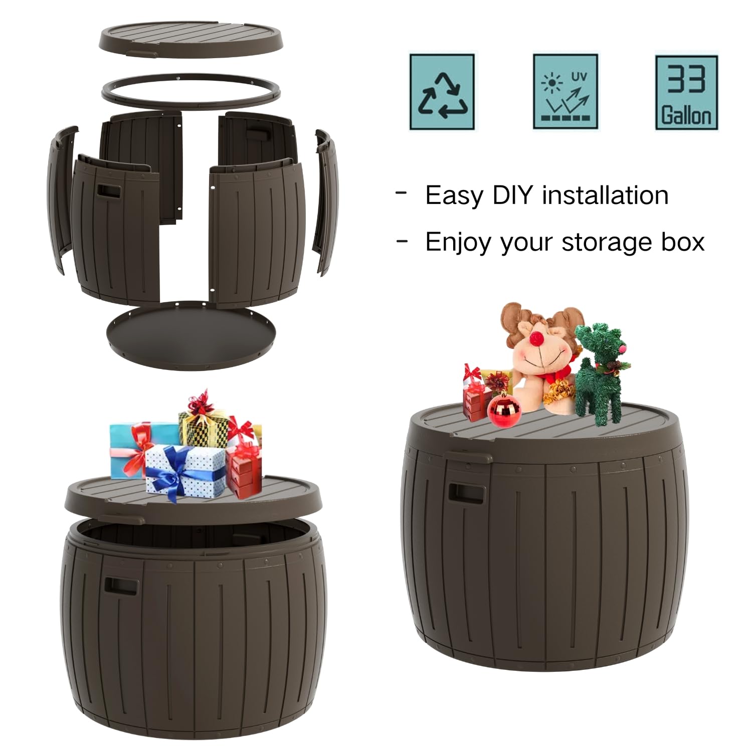 ZZM Round Deck Box Resin Storage Bucket Patio Garden Furniture For Side Table, Picnic Bucket,Beach Towels Box