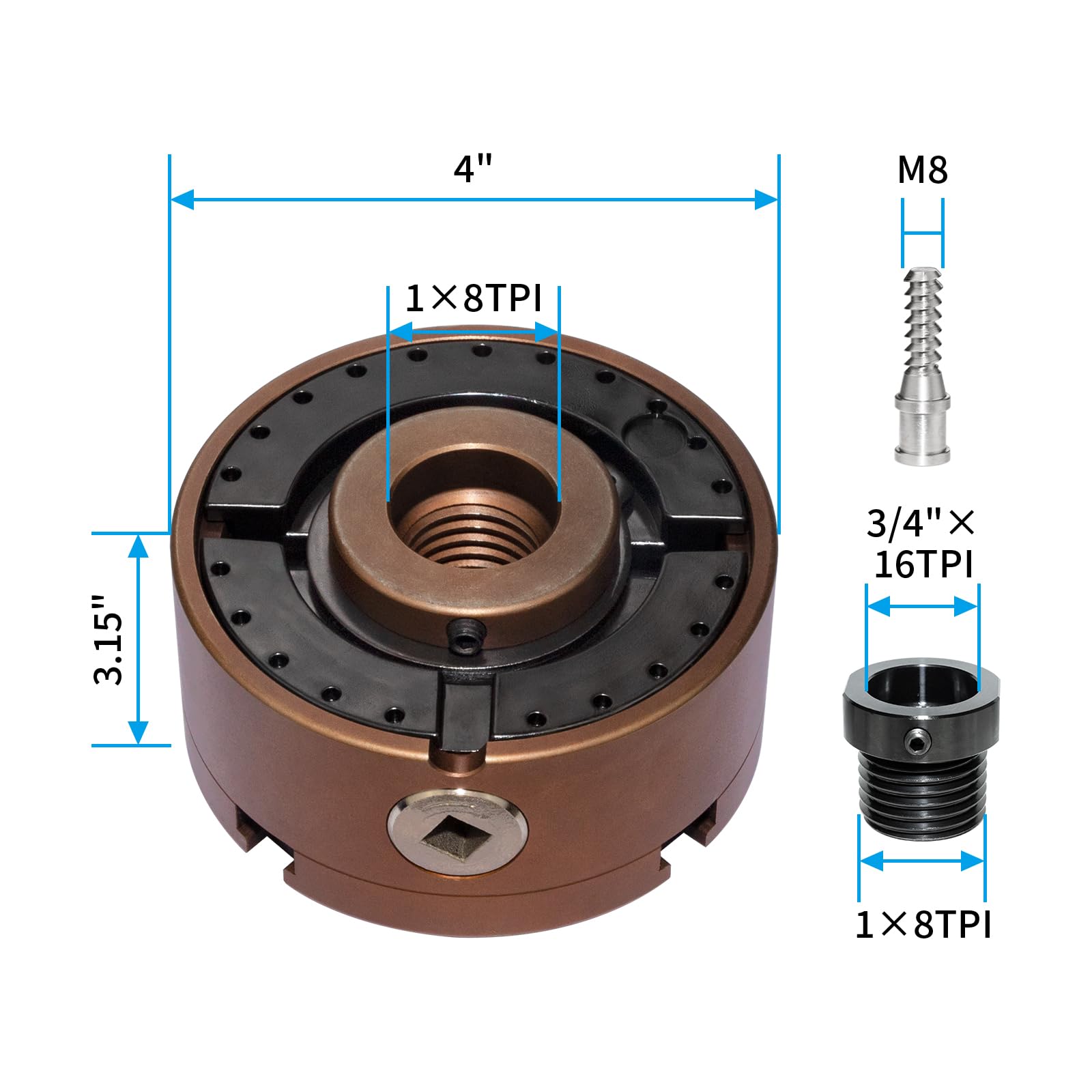 SIIIXS 4 Inch Wood Lathe Chuck Set 1" x 8TPI Thread & 3/4"x16TPI Adapter, Self-Centering 4 Jaw Wood Turning Chuck