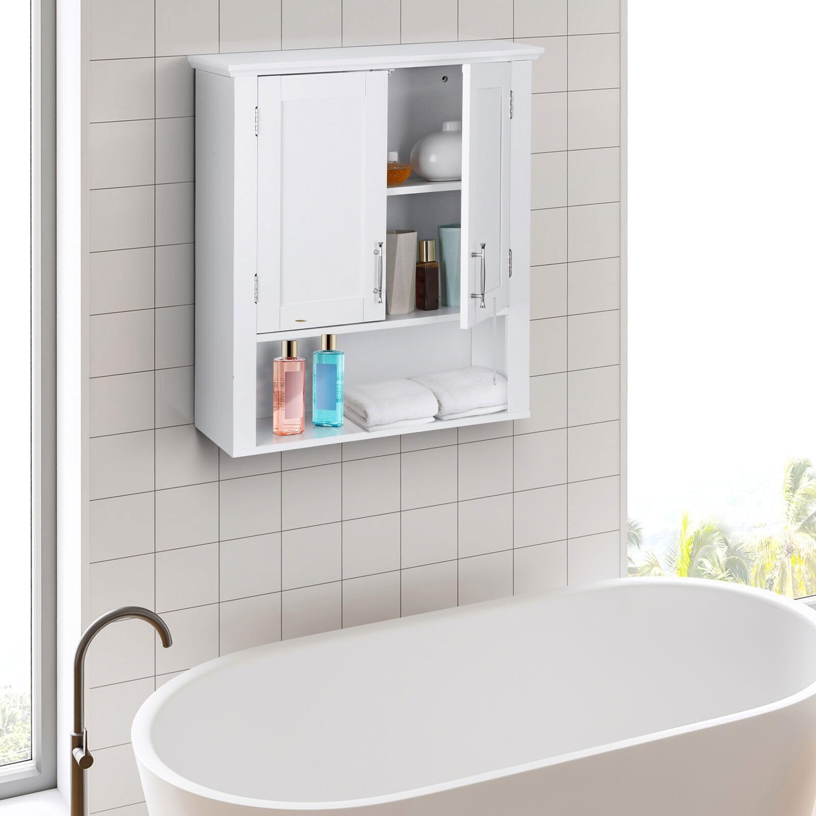 Elegant White Bathroom Wall Cabinet Over Toilet - Stylish 2-Door Medicine Cabinet with Adjustable Inner Shelves for Bathroom and Living Room Organization