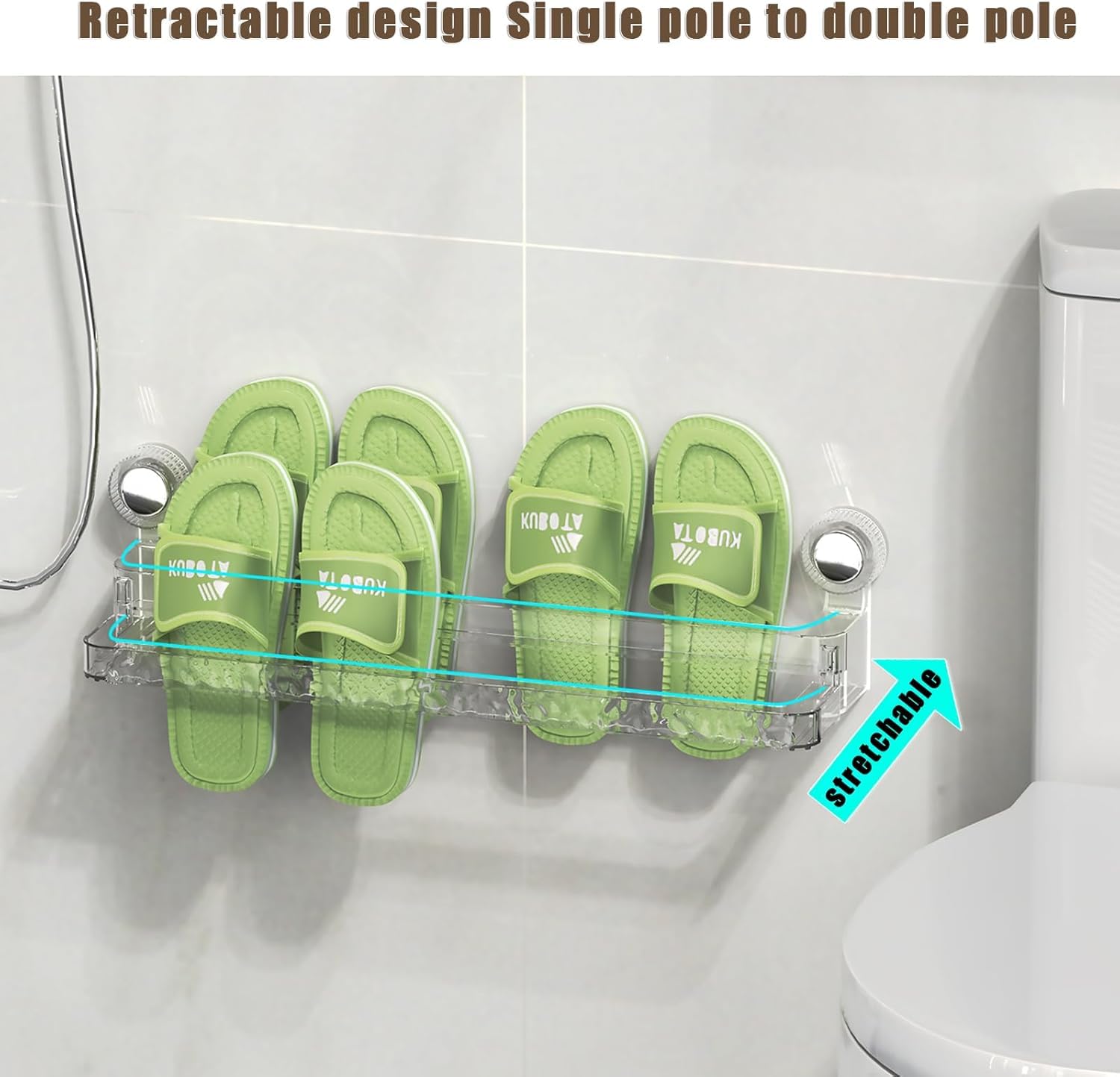 Suction Cup Retractable Slipper Rack - 2 in 1 Wall Mounted Slippers Towel Pole, Wall Mounted Adjustable Towel Rack, No Drilling Hang Walls, for Bathroom, Pantry, Kitchen, Utility Room (Mix)