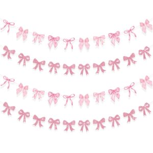 4 pcs pink bow party decorations banner, no-diy coquette birthday decorations garland, girls baby shower bow birthday decorations, pink bow decor banner for bridal shower bachelorette party bow party