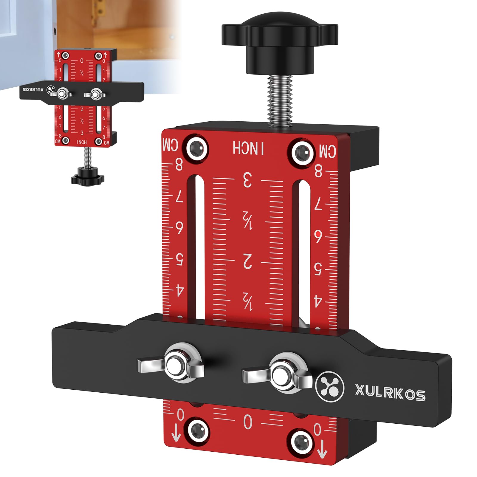 XULRKOS Cabinet Door Installation Positioner, Aluminum Alloy Cabinet Hardware Jig, Adjustable Length Cabinet Installation Tool, Punch Locator Precise Woodworking Drill Guide for Cabinet Installation