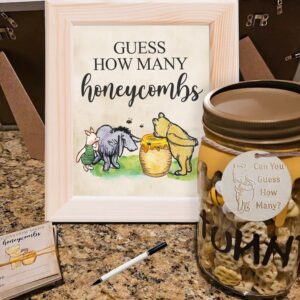 Classic The Pooh Bear Guess How Many Honeycombs Game- Perfect for Baby Showers, Newborn Parties & Birthdays Decorations | Wood Frame + Sign + Guest Game Card - 40 Pcs Set