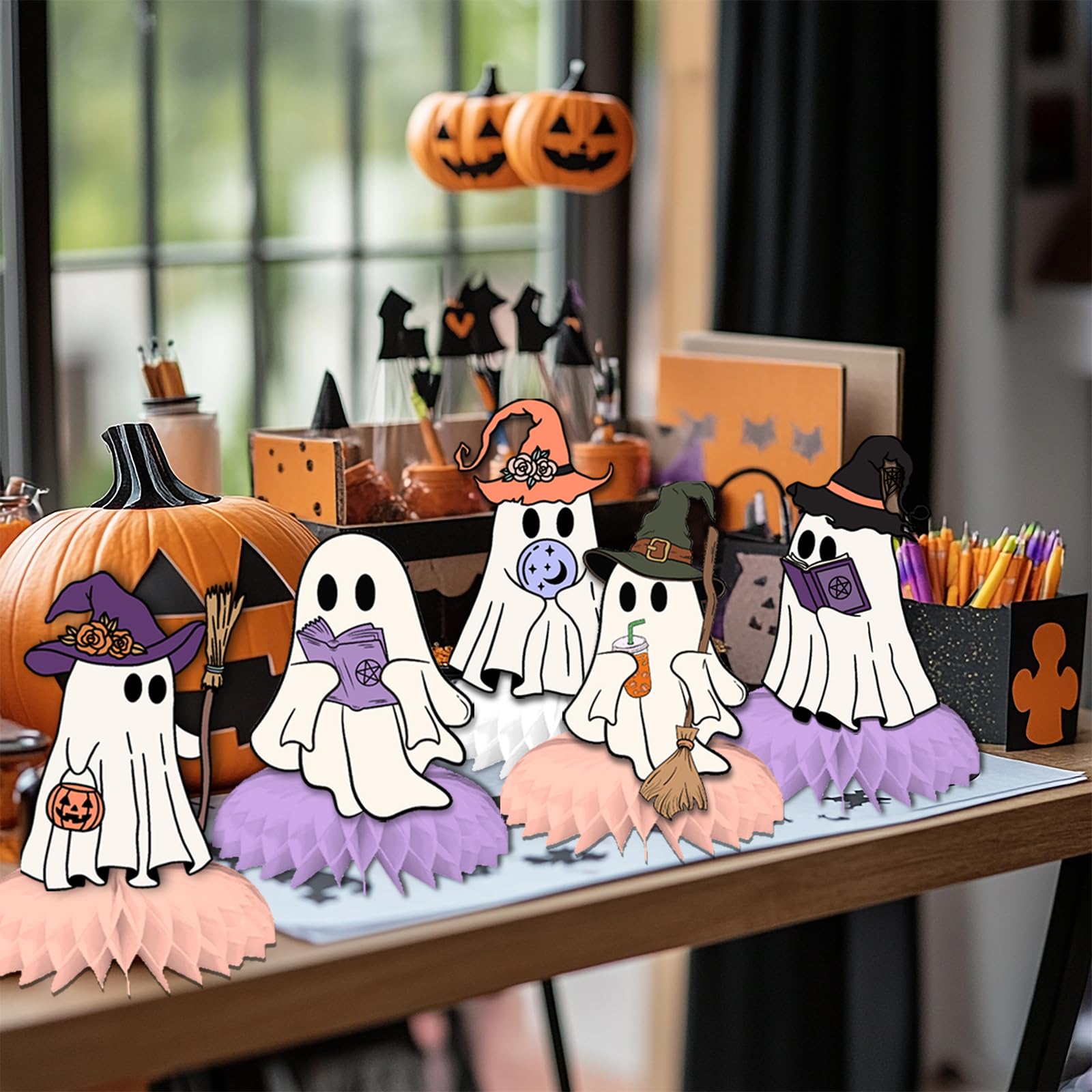 Halloween Ghost Honeycomb Centerpiece,9Pcs Cute Ghost Table Decorations Pink Spooky Pumpkin Broom Signs Table Centerpieces for Halloween Ghost Decor Party Baby Shower Indoor