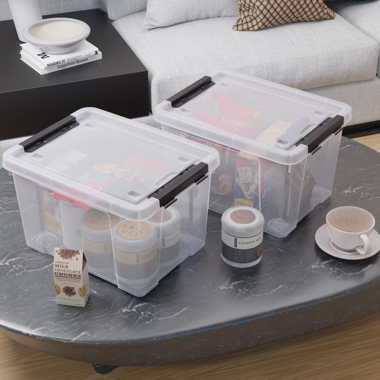 Leendines 4 Pack 22 Quart Plastic Storage Box with Wheels, Clear Storage Latch Box