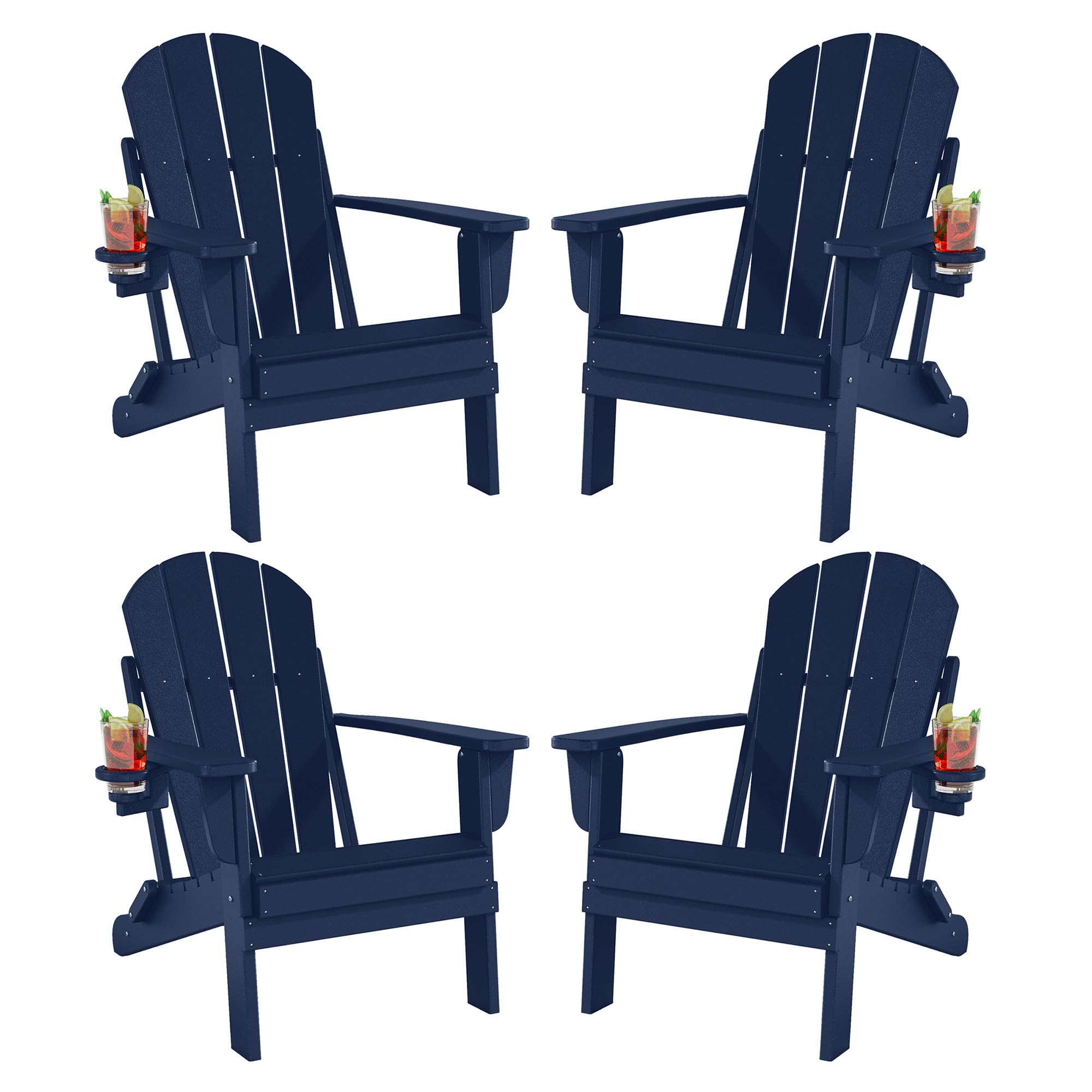 Adiromoti Folding Adirondack Chairs Set of 4, All-Weather Resistant HDPE Patio Firepit Chairs, Sturdy Outside Chairs with Cup Holder, Lawn Chairs, 80% Pre-Installed Load Capacity 385lb, Navy Blue