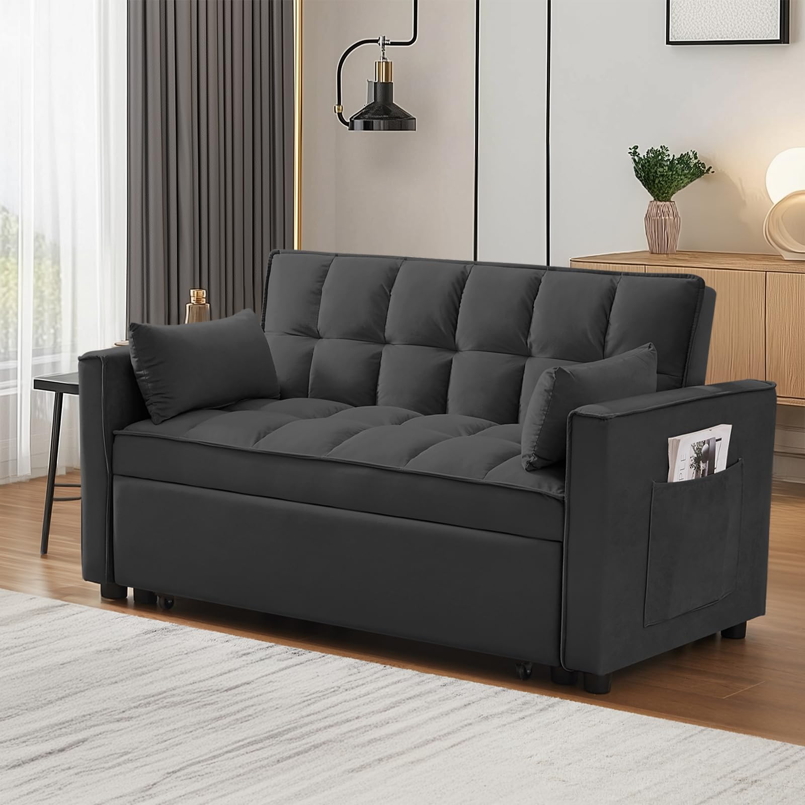 3 in 1 Convertible Sleeper Sofa Bed, Modern Velvet Loveseat Pull-out Sofa Couch w/Pullout Bed, Small Love Seat Lounge Sofa w/Reclining Backrest,Toss Pillows, Pockets, for Living Room(Black, 55.1)