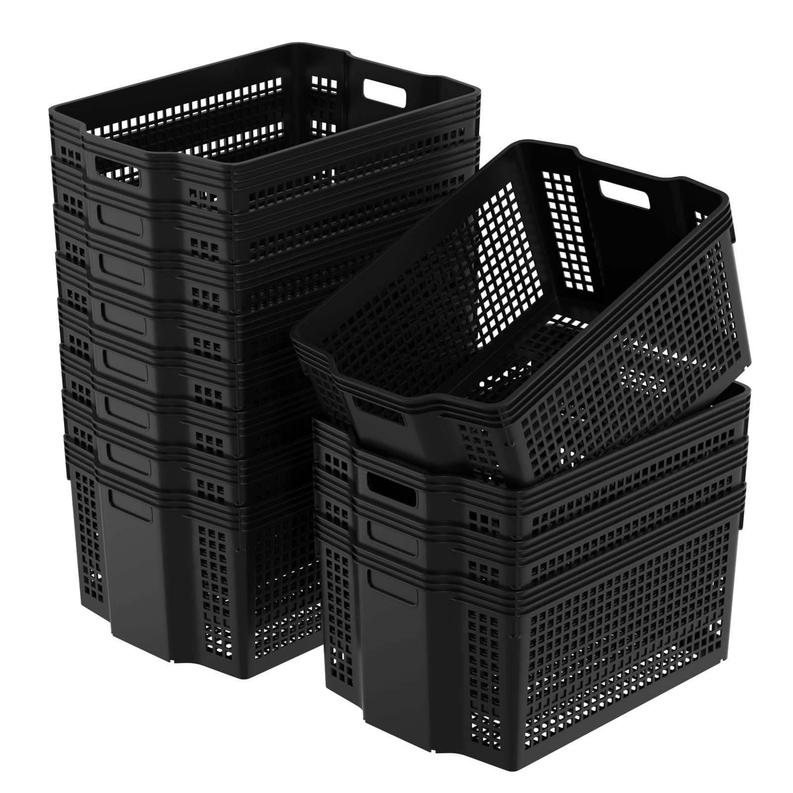 Bringer 12-Pack Large Plastic Organizer Baskets, Stacking Plastic Storage Basket, Black