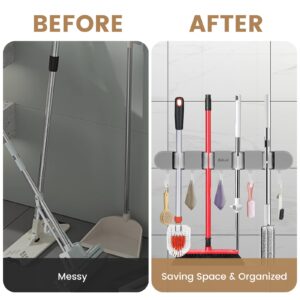 3PCS 4 Racks and 5 Hook Broom Mop Holder with Hooks Wall Mounted Broom Storage Rack No Drilling Self-Adhesive Mop Broom Organizer Mop Holder Hanger for Bathroom Office Kitchen Closet Garage,Gray