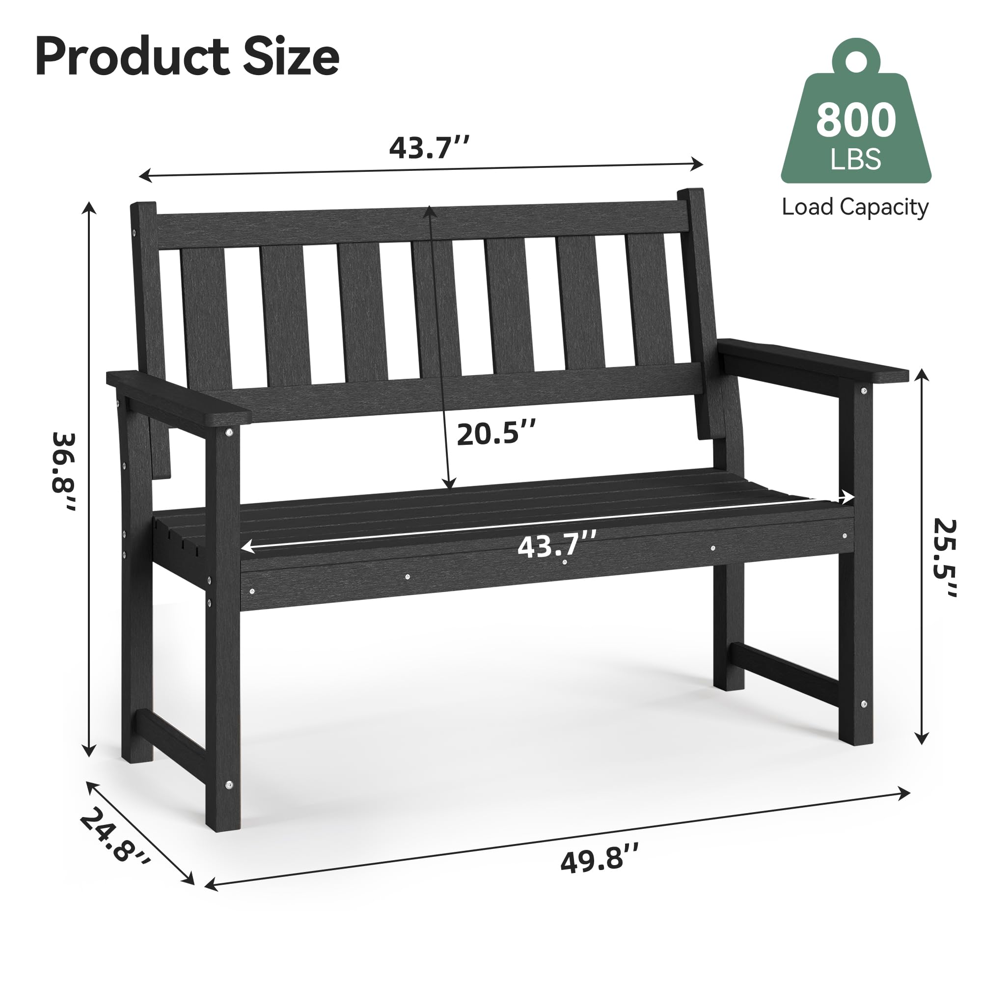 EFURDEN Outdoor Bench, 50’’ All Weather and Fade Resistant Memorial Bench, 2-Person HDPE Garden Bench, Low Maintenance Park Bench for Garden, Porch and Patio, Black