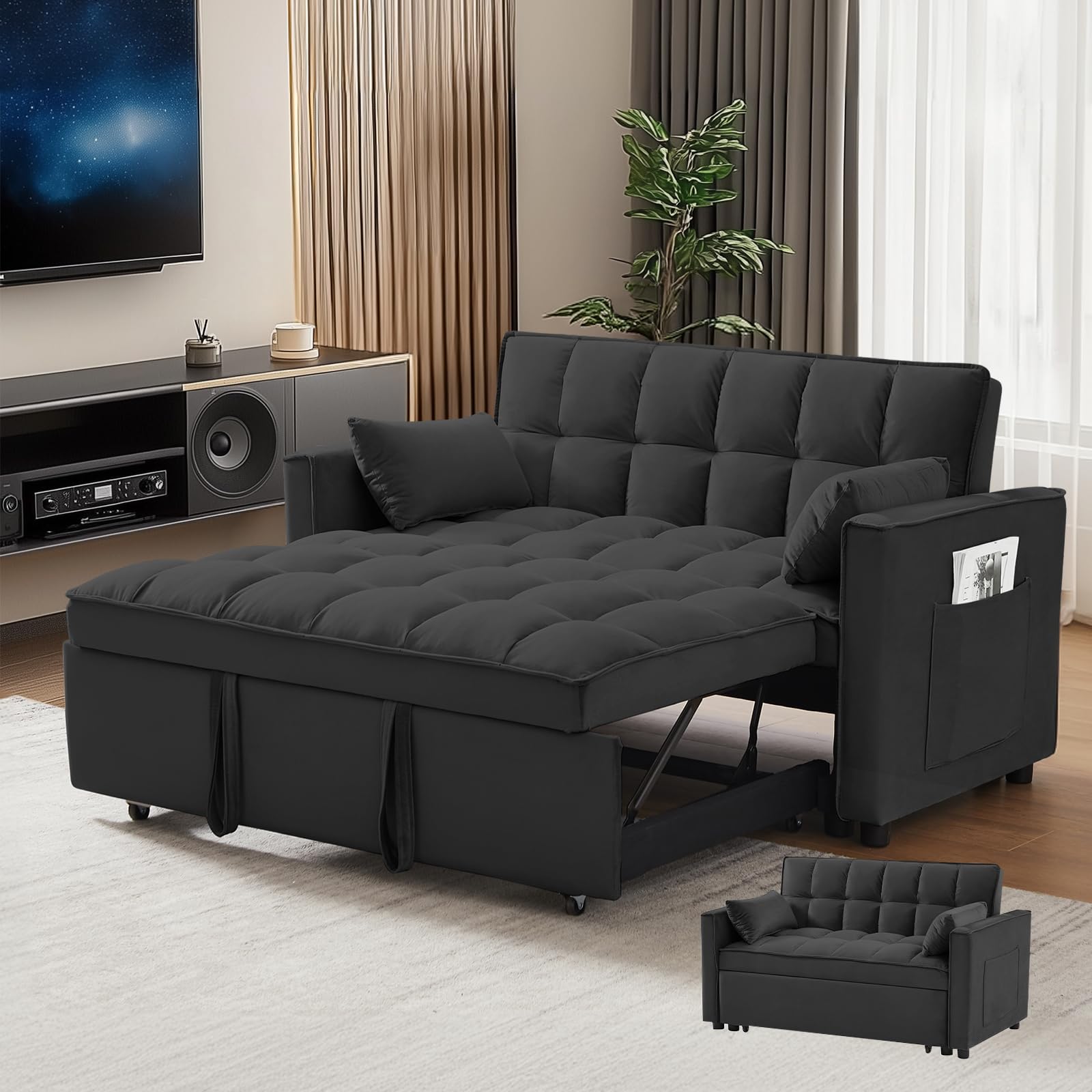 3 in 1 Convertible Sleeper Sofa Bed, Modern Velvet Loveseat Pull-out Sofa Couch w/Pullout Bed, Small Love Seat Lounge Sofa w/Reclining Backrest,Toss Pillows, Pockets, for Living Room(Black, 55.1)