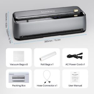 InnJoey Vacuum Sealer Machine, 85kPa 120W Automatic Food Sealer, Powerful Sealing System, Build-in Cutter | Moist Mode and Air Suction Hose | Bag Rolls and 5pcs Storage Bags