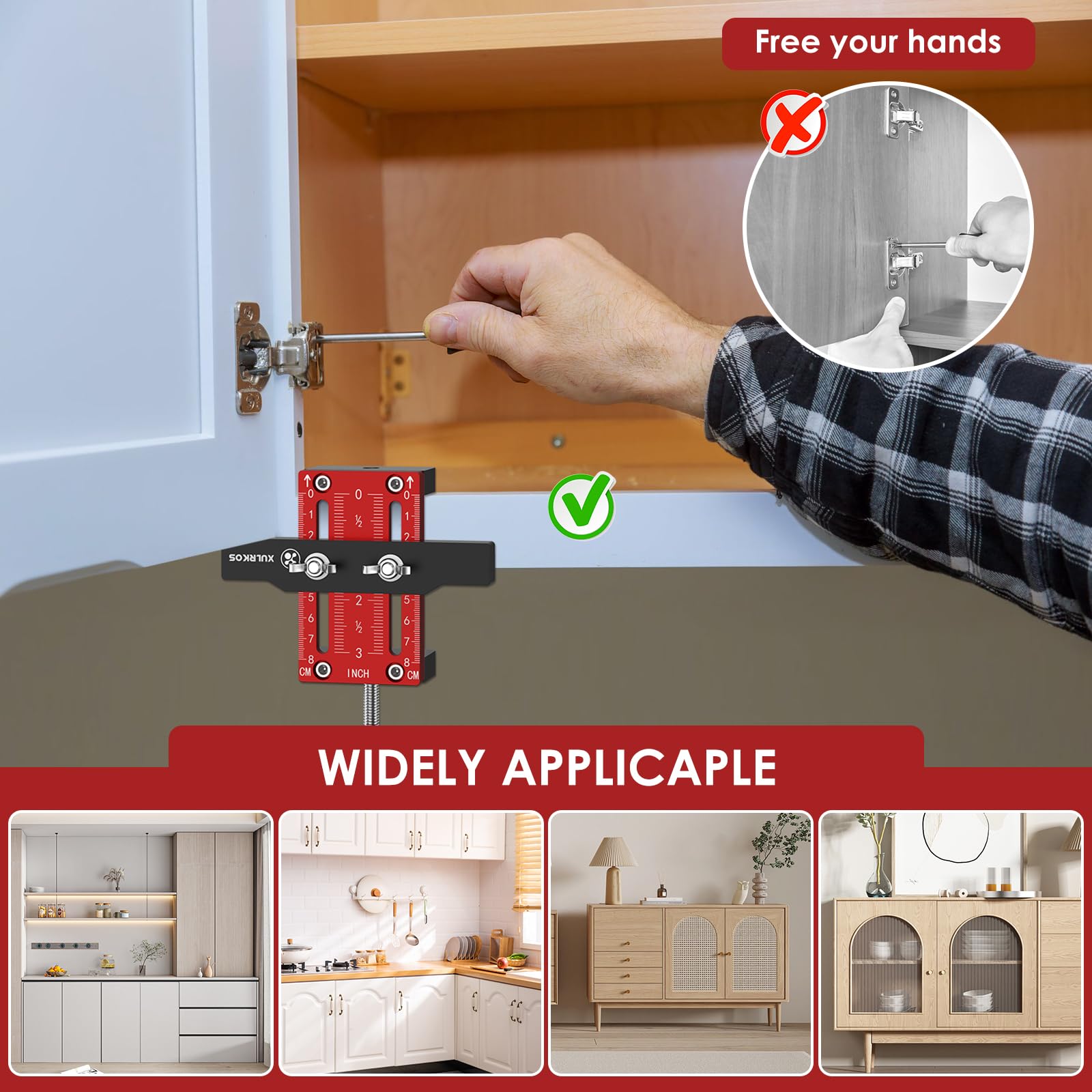 XULRKOS Cabinet Door Installation Positioner, Aluminum Alloy Cabinet Hardware Jig, Adjustable Length Cabinet Installation Tool, Punch Locator Precise Woodworking Drill Guide for Cabinet Installation