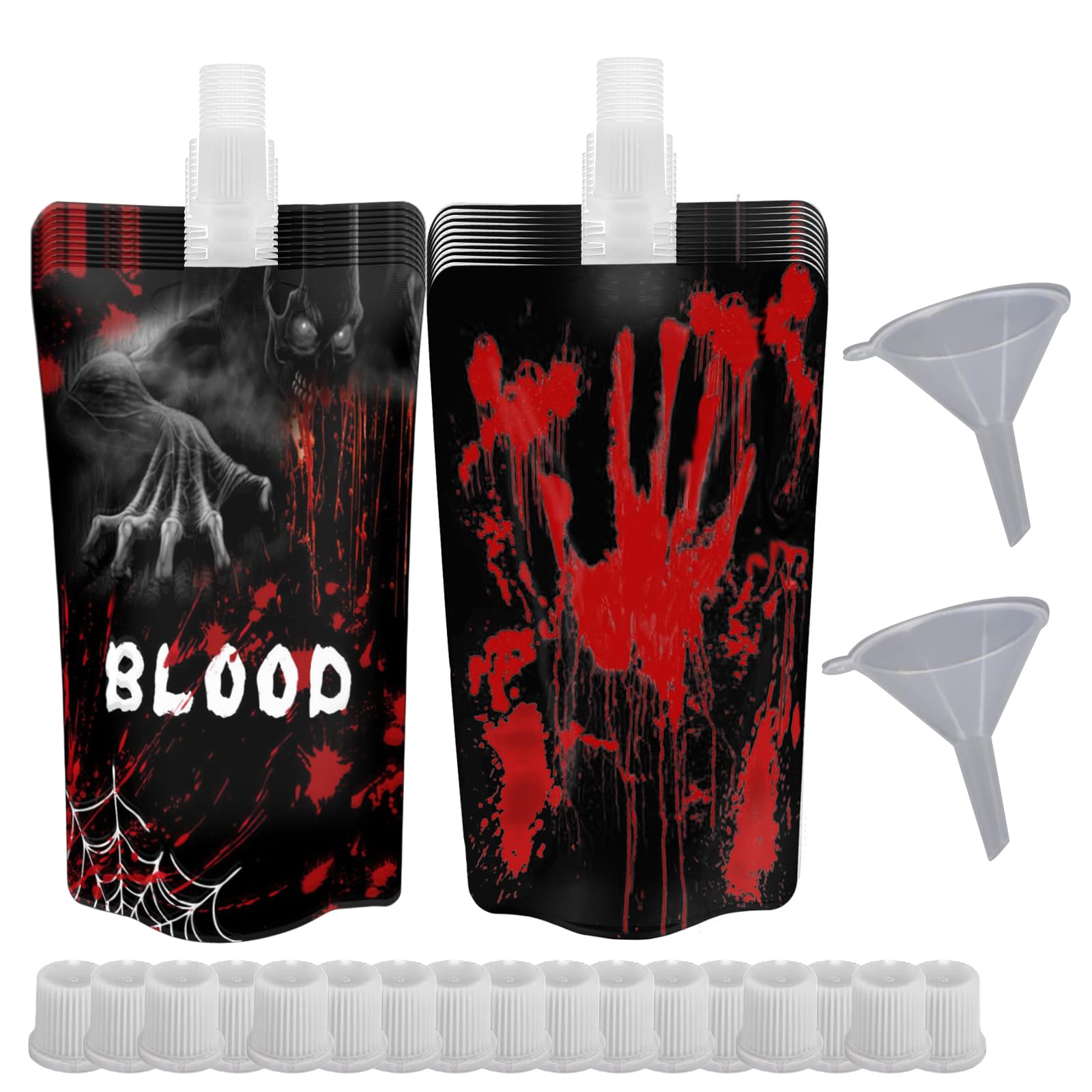 20 Pieces Halloween Fake Blood Bag，8.5oz Anti-Leak Bags with Cap，Drink Pouches，Party Decorations ，Christmas Vampire Hospital Nurse Zombie Theme Props ，with 2 Funnels，Reusable Food Grade