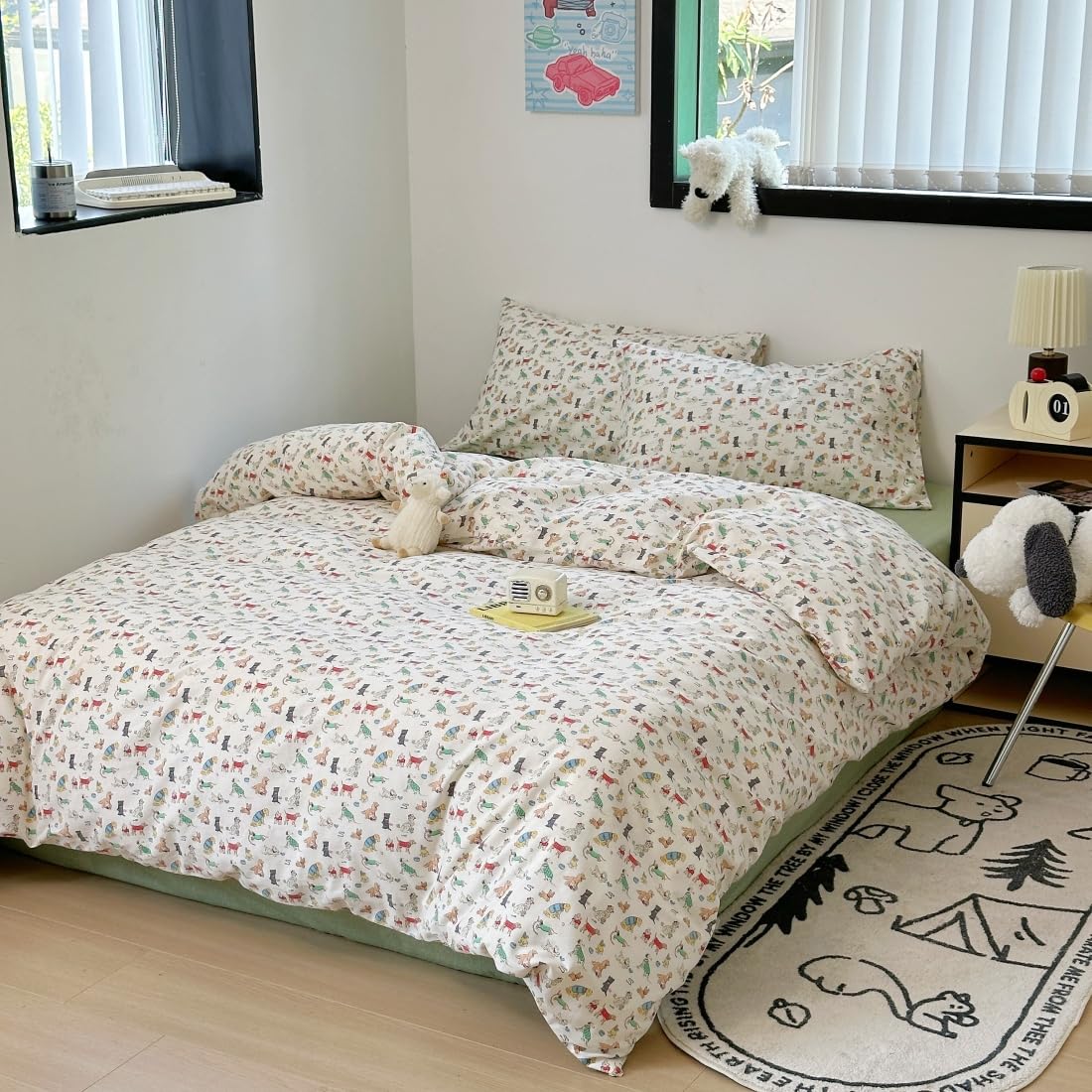 LIWHENHAO Dog Duvet Cover Set Twin 100% Cotton Bedding Cartoon Puppy Pet Pup on White 1 Kawaii Cute Animal Comforter Cover 2 Pillowcases for Kids Girls Boys