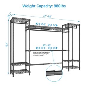 VIPEK X30 Protable Closet for Hanging Clothes, Expandable Clothes Rack Heavy Duty Large Wardrobe System, Metal Clothing Rack with 4 Hanger Rods & 7 Wire Shelves, Adjustable from 6 ft to 7.6 ft, Black