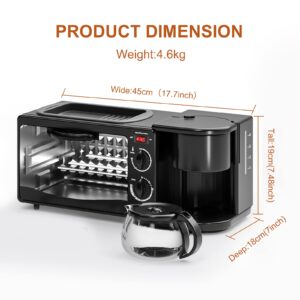 Breakfast Station, Toaster with Frying Pan, Portable Oven Breakfast Maker with Coffee Machine, Non Stick Die Cast Grill/Griddle for Bread Egg Sandwich Bacon Sausages (Bright Black)