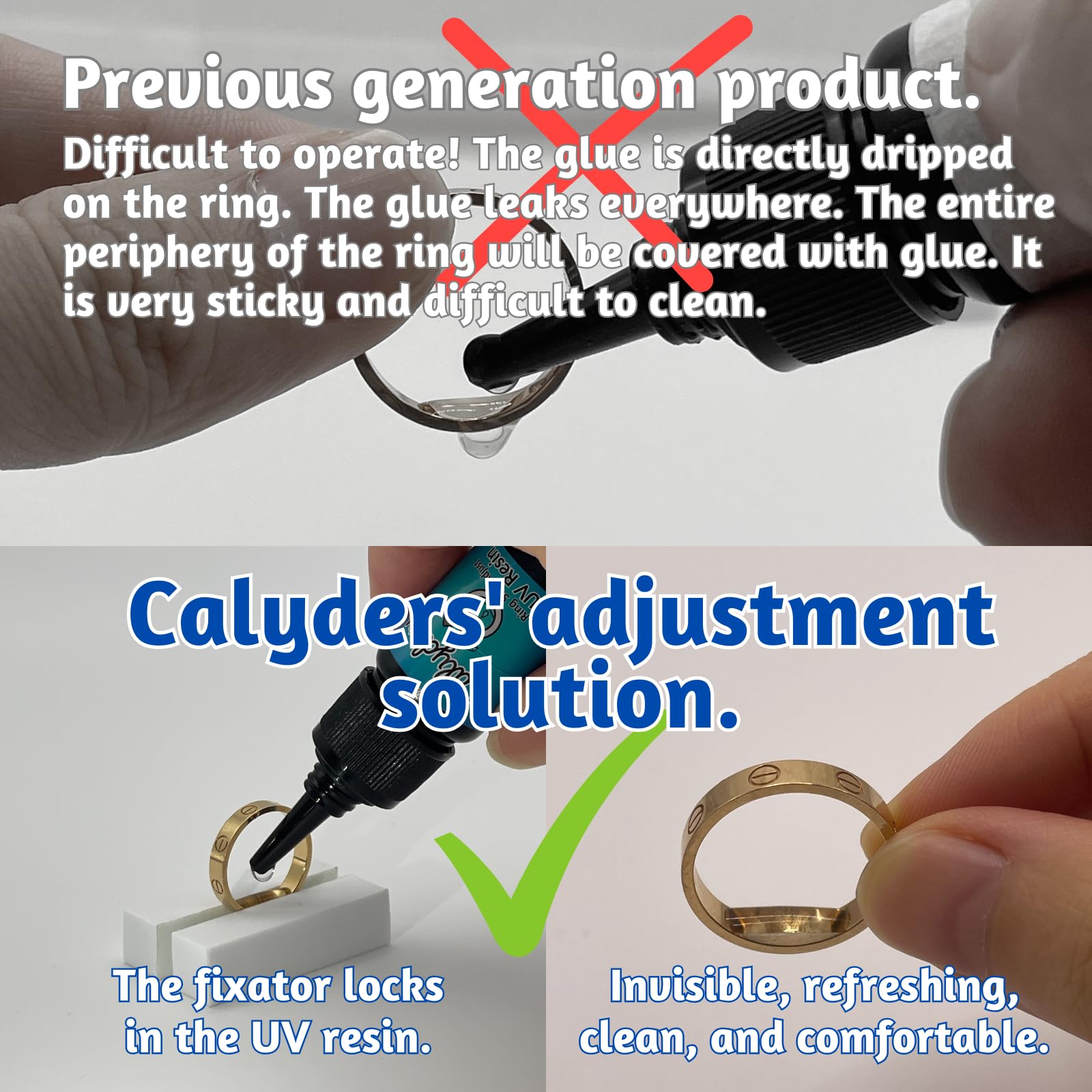 Ring Size Adjuster - Calyders Invisible Solution with UV Resin, Ring Fixators & UV LED Lamp for Loose Rings, Fits Any Ring Size, Easy to Apply & Remove