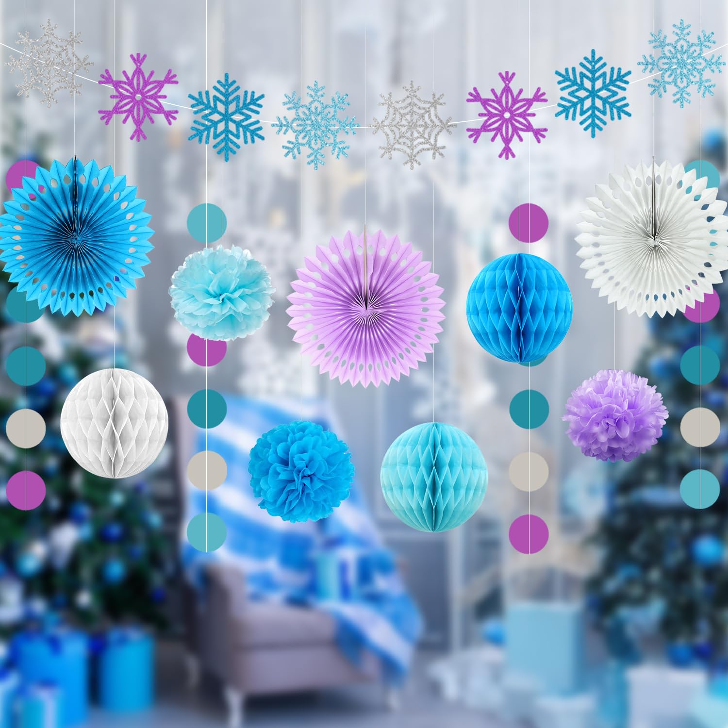 Winter Snowflake Decorations, Frozen Birthday Party Decorations Includes Snowflake Banner Paper Lanterns,Tissue Pom Poms Fan,Winter Wonderland Baby Shower Winter Birthday Party Decorations