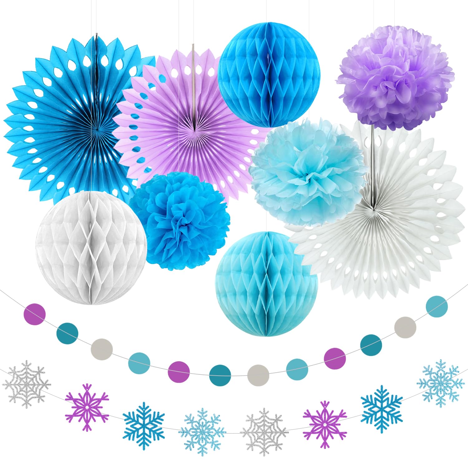 Winter Snowflake Decorations, Frozen Birthday Party Decorations Includes Snowflake Banner Paper Lanterns,Tissue Pom Poms Fan,Winter Wonderland Baby Shower Winter Birthday Party Decorations