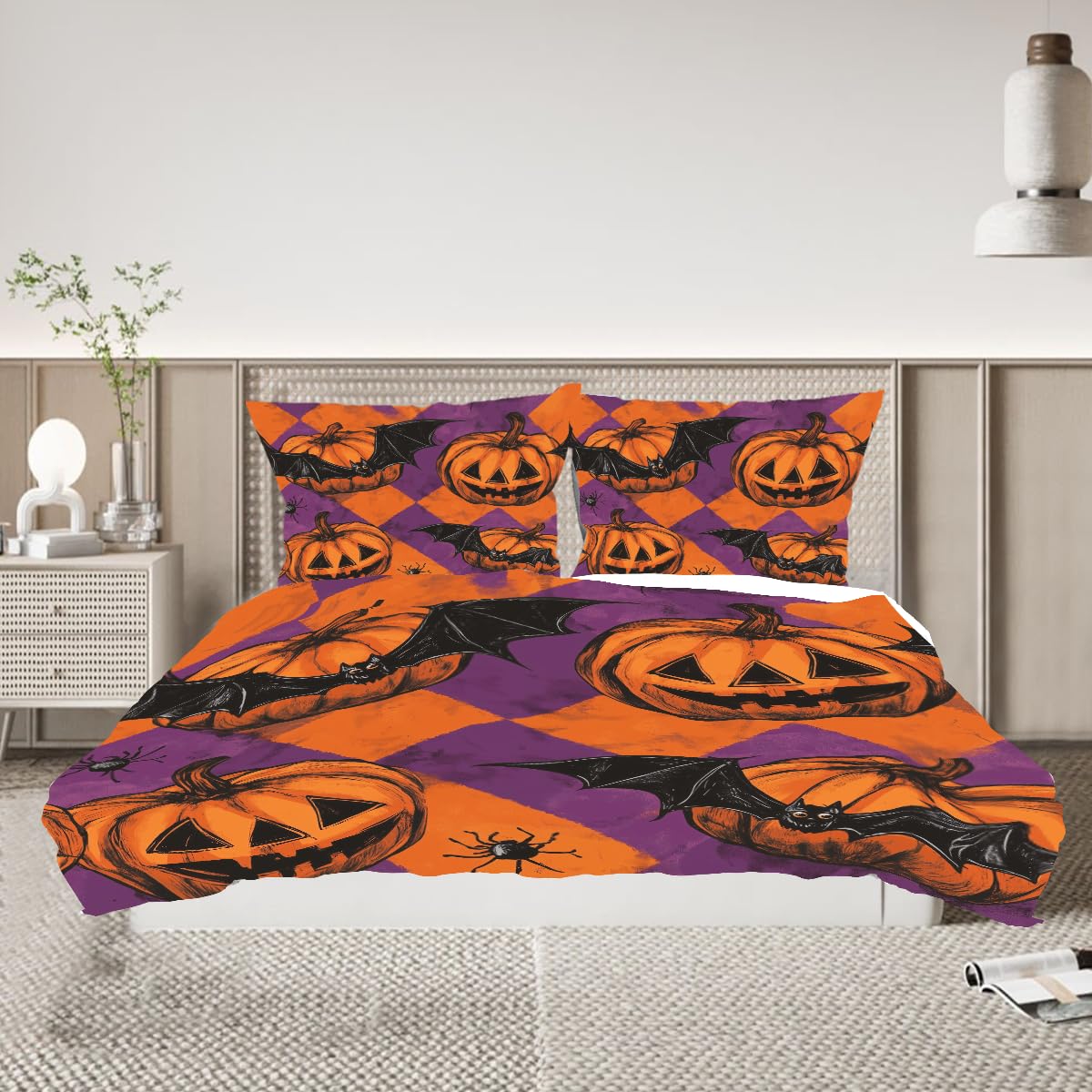 Pumpkin Face Duvet Cover Full Size 3D Printed Pumpkin Full Duvet Cover Set Bats Spider Scary Face Carved on Pumpkin Bedding Set Bedroom Decor All Season 3 Pcs Comforter Cover with 2 Pillowcases