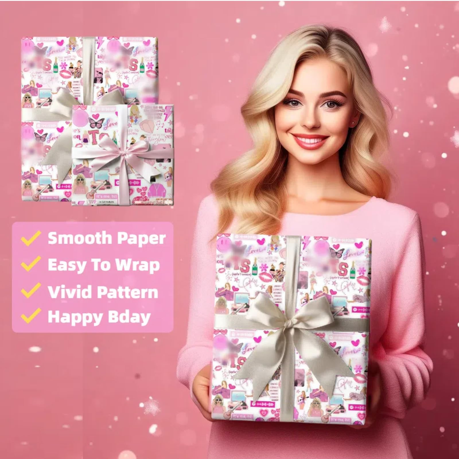 Kakbpe Christmas Wrapping Paper Sheet - 5 Sheets Folded Flat, 20.8 Inch X 30 Inch Per Sheet, Folded flat sheets Pink for Popular Singer Fans Girls