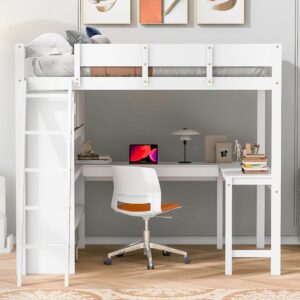 Ball & Cast Full Size Loft Bed with Stair & Safety Guardrail,Solid Wood Bedframe W/Desk & Storage Shelves,Space-Saving,Easy Aseembly,Multifunctional Furniture for Boys Girls Teens Adult Bedroom,White