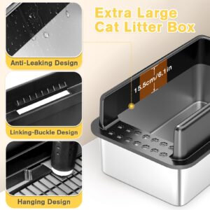 Stainless Steel Cat Litter Box with Lid, Extra Large Enclosure Litter Box for Big Cats, High Sided XL Metal Litter Pan Non-Sticky Anti-Leakage Odor Control Easy Cleaning(Black, 24” x 16” x 12”)