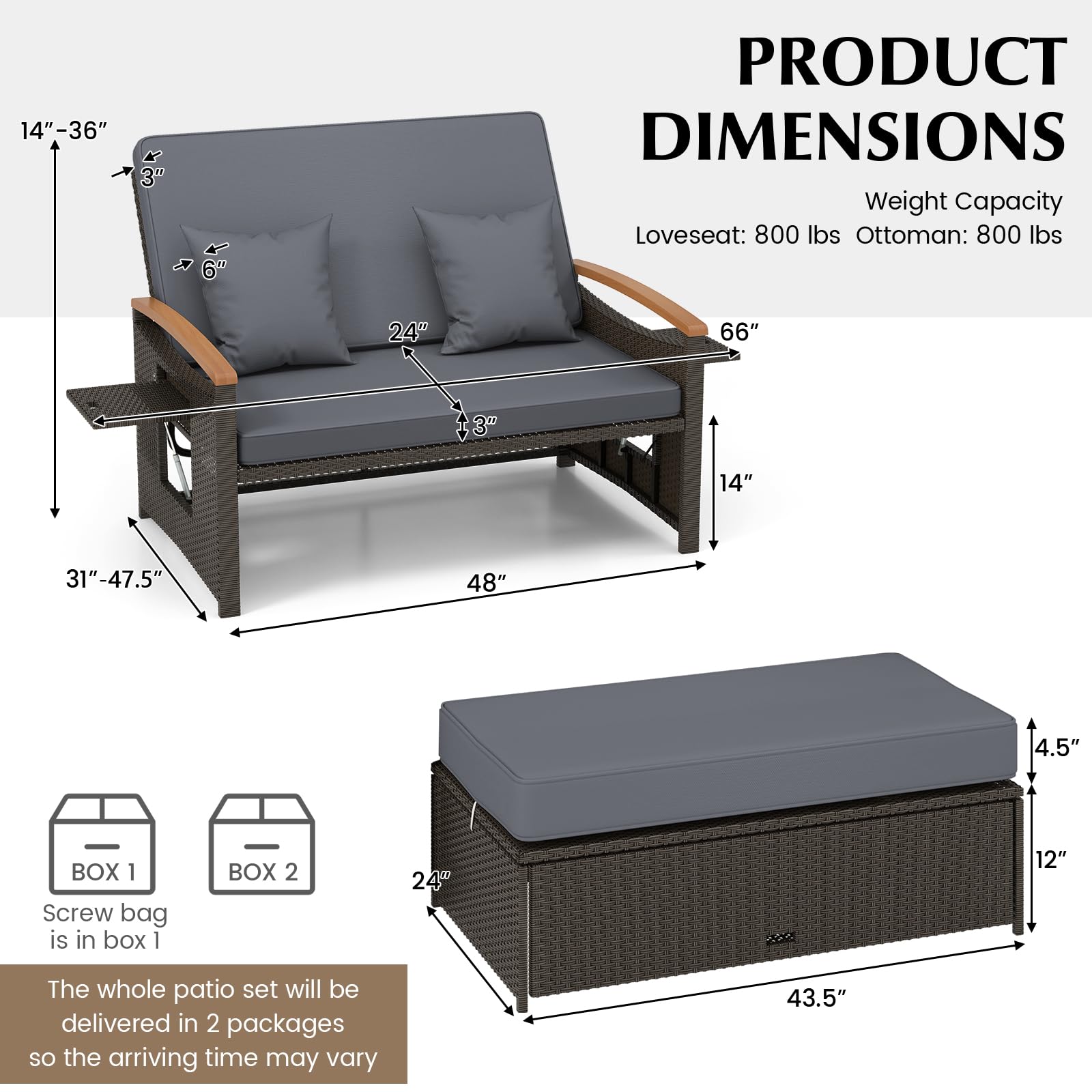 HAPPYGRILL Outdoor Wicker Sofa Daybed, Rattan Loveseat with Folding Panels & Storage Ottoman, 4-Level Adjustable Backrest, Cozy Cushions Included, Sun Lounger Daybed for Backyard Porch, (Grey)