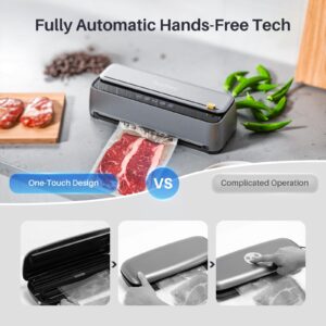 InnJoey Vacuum Sealer Machine, 85kPa 120W Automatic Food Sealer, Powerful Sealing System, Build-in Cutter | Moist Mode and Air Suction Hose | Bag Rolls and 5pcs Storage Bags