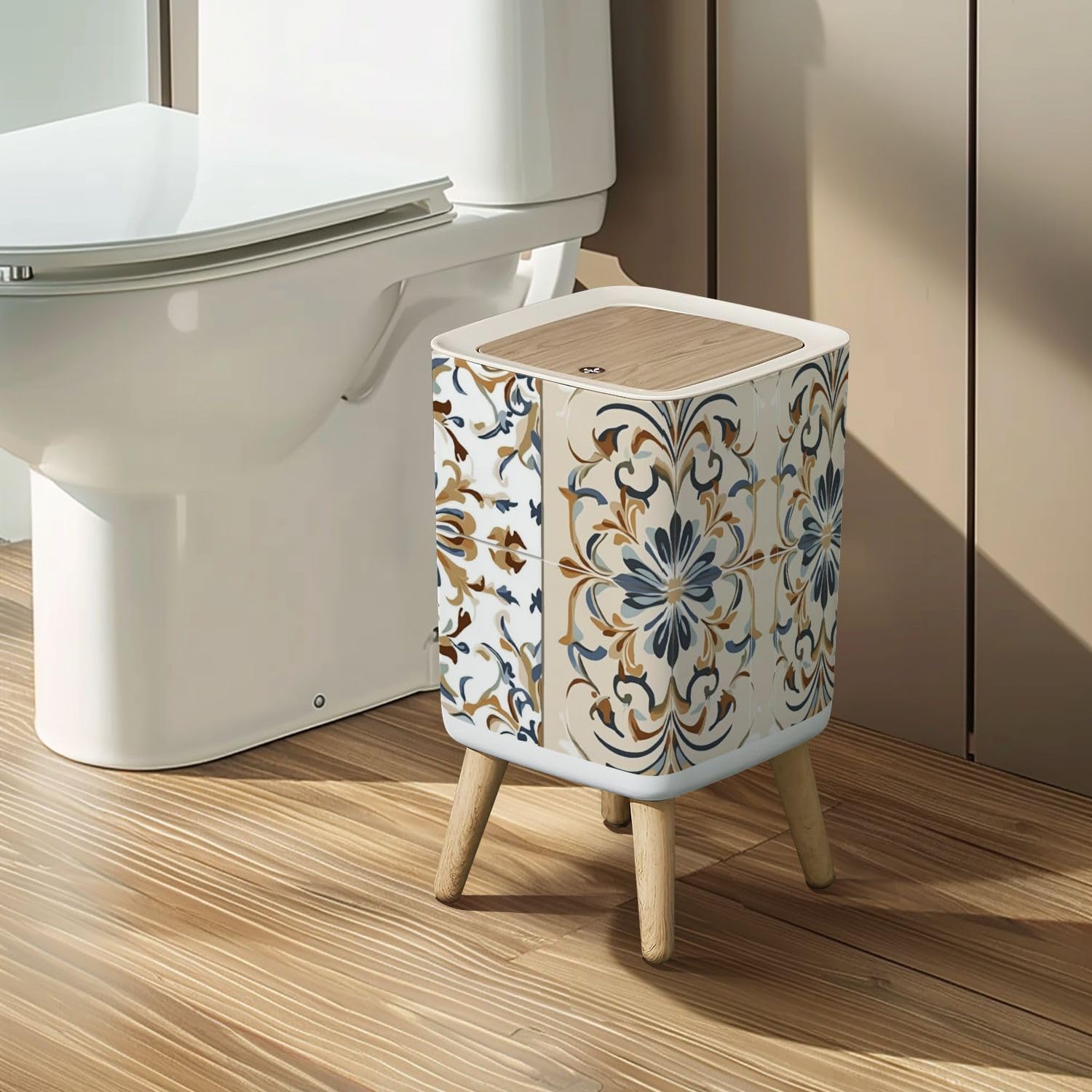 Small Trash Can with Lid Seamless Azulejo tile Portuguese Spain decor Ceramic tile Victorian Wastebasket with Press Cover Dog Proof Garbage Can Waste Bin for Kitchen Bathroom Nursery 2.6 Gallon