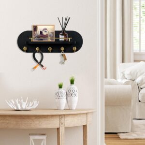 SANY DAYO HOME Wall Mount Wood Key Holder Rack – 14" x 5" Black Floating Entryway Shelf with 5 Gold Hooks and Guardrail for Keys, Plants, and Accessories