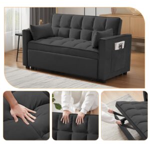 3 in 1 Convertible Sleeper Sofa Bed, Modern Velvet Loveseat Pull-out Sofa Couch w/Pullout Bed, Small Love Seat Lounge Sofa w/Reclining Backrest,Toss Pillows, Pockets, for Living Room(Black, 55.1)