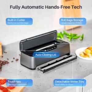 InnJoey Vacuum Sealer Machine, 85kPa 120W Automatic Food Sealer, Powerful Sealing System, Build-in Cutter | Moist Mode and Air Suction Hose | Bag Rolls and 5pcs Storage Bags