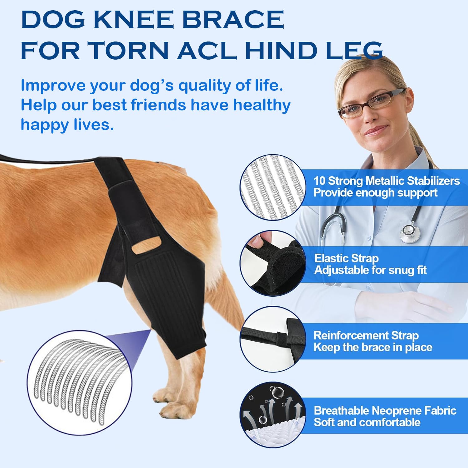 JOMMIE CHEN Dog Knee Brace for Torn ACL, Hind Leg Support Better Recovery with Dog Leg Adjustable Dog Acl Brace (Large)