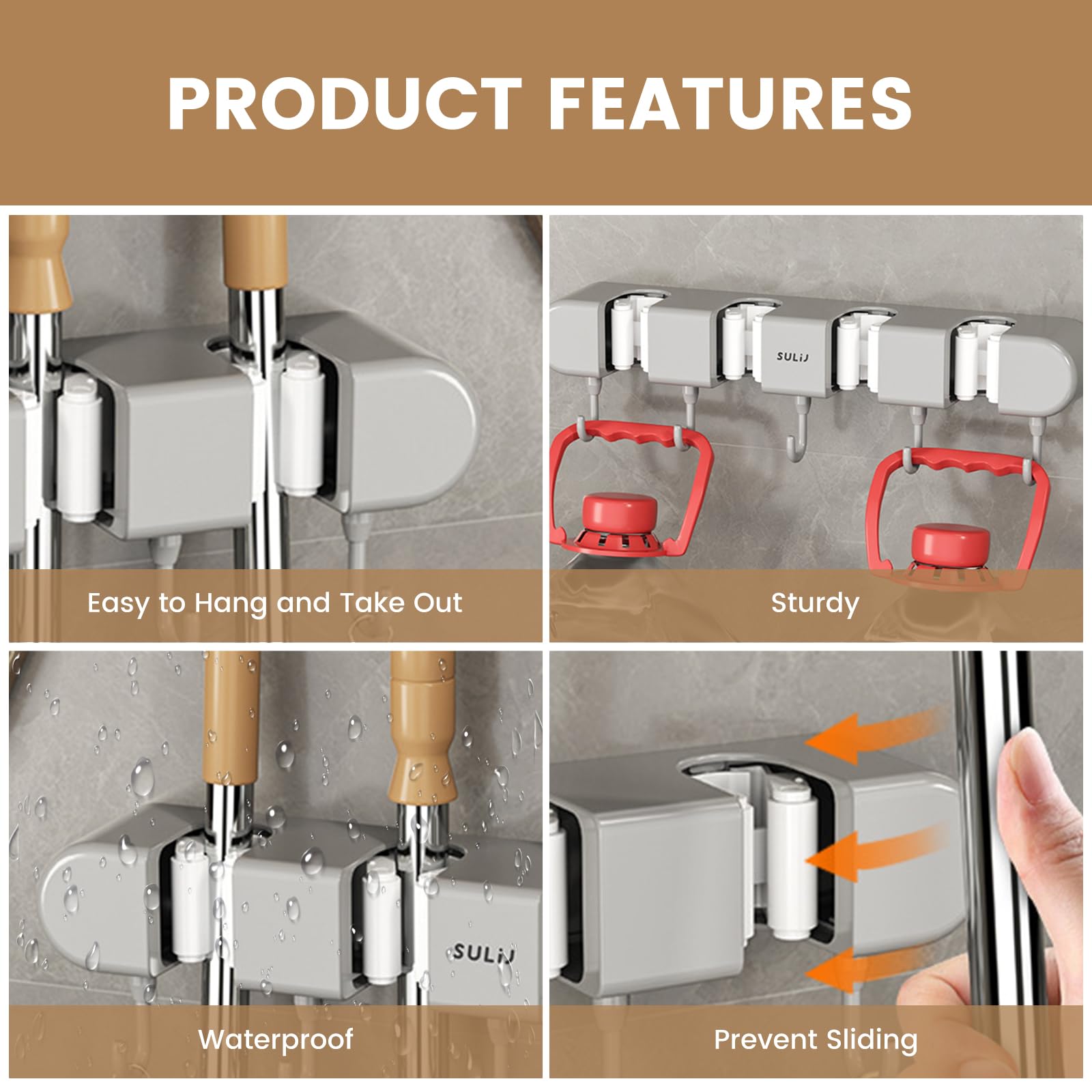 3PCS 4 Racks and 5 Hook Broom Mop Holder with Hooks Wall Mounted Broom Storage Rack No Drilling Self-Adhesive Mop Broom Organizer Mop Holder Hanger for Bathroom Office Kitchen Closet Garage,Gray