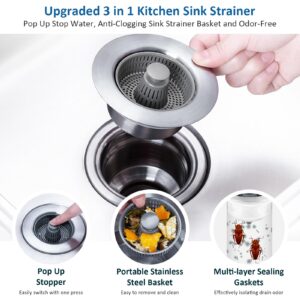 3 in 1 Kitchen Sink Drain Strainer and Stopper Combo, Stainless Steel Pop Up Sink Stopper with Anti-Clogging Basket Sink Strainer, Sink Bounce Core Drain Strainer for Standard 3-1/2 Inch Drain