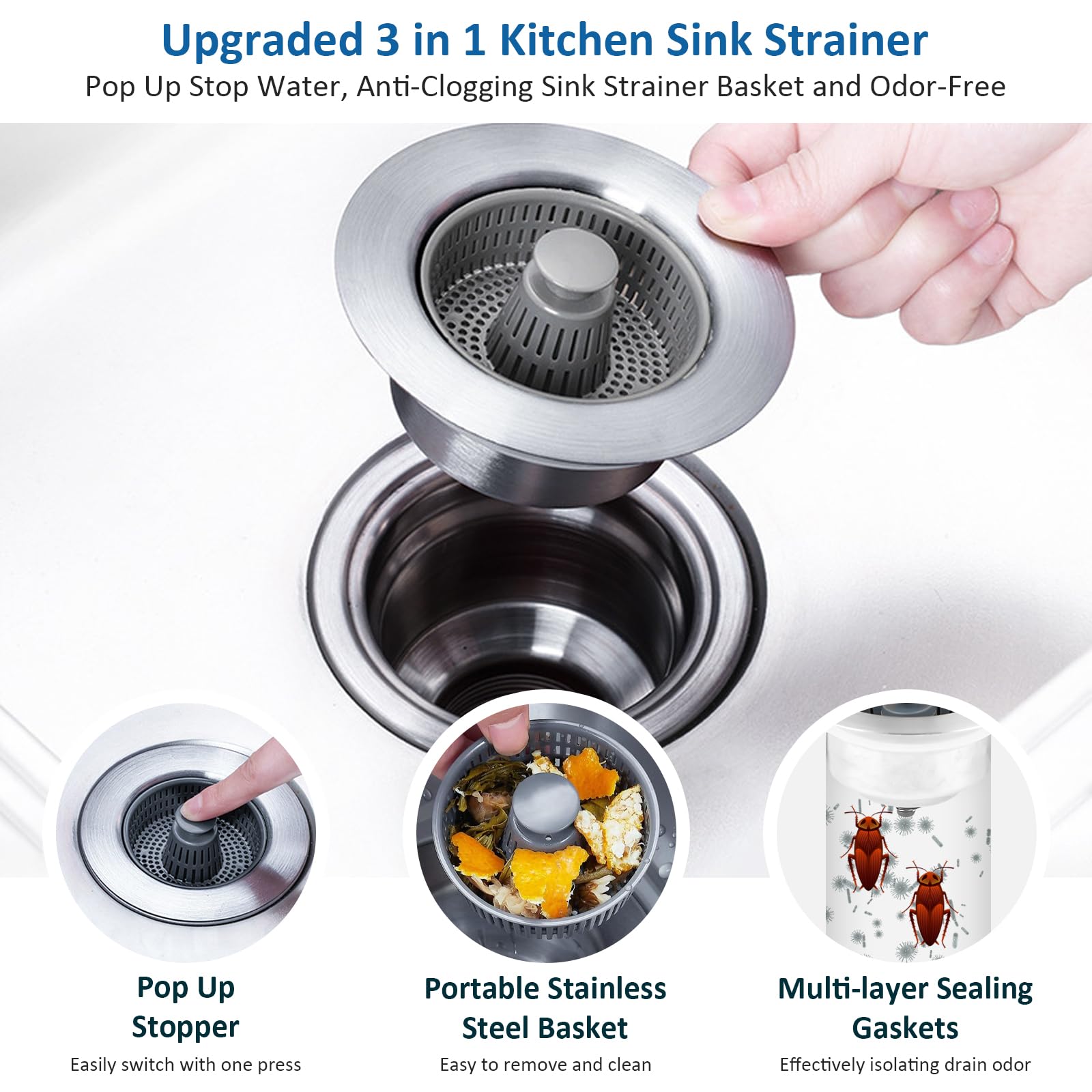 3 in 1 Kitchen Sink Drain Strainer and Stopper Combo, Stainless Steel Pop Up Sink Stopper with Anti-Clogging Basket Sink Strainer, Sink Bounce Core Drain Strainer for Standard 3-1/2 Inch Drain