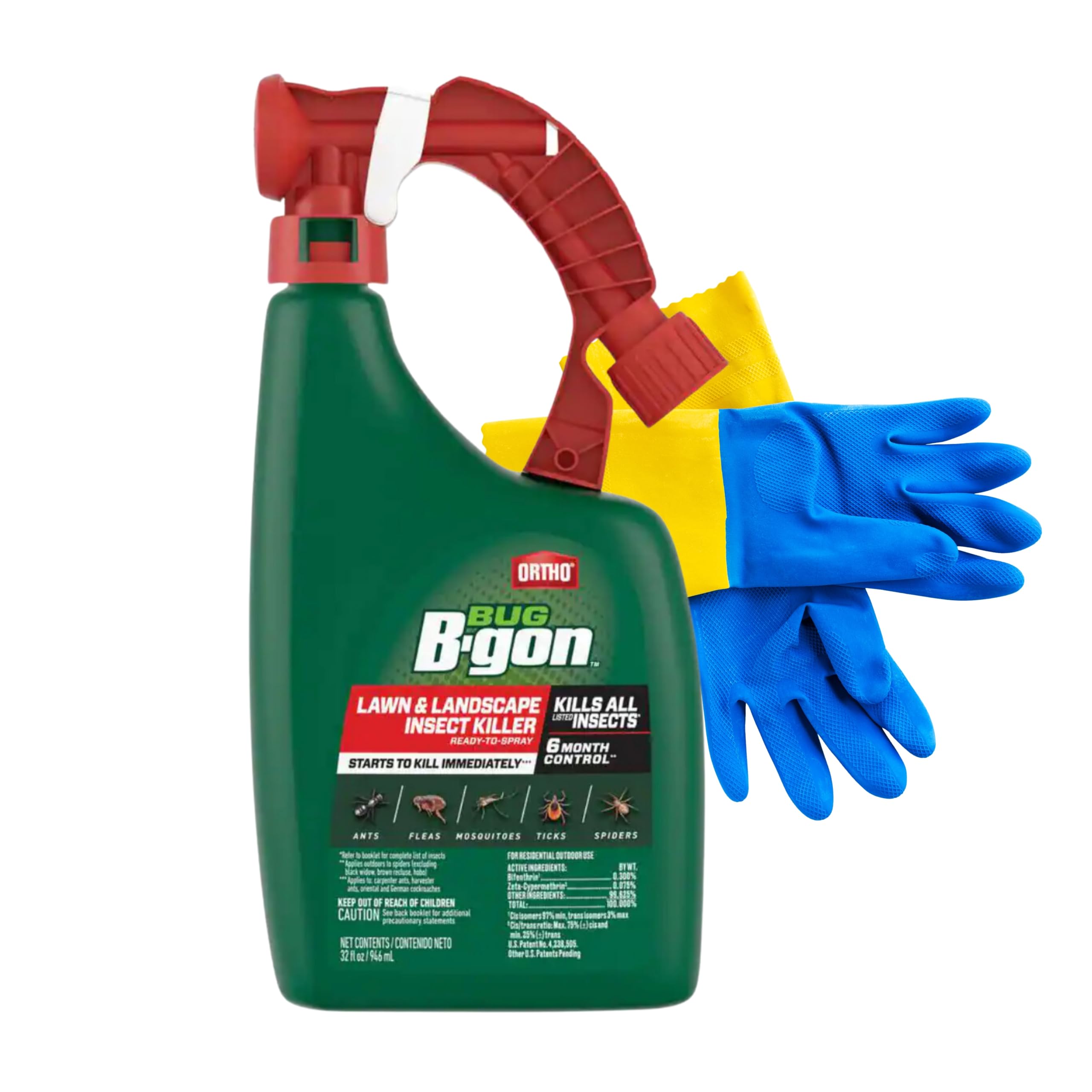 Ortho Bug B Gon Lawn & Landscape Insect Killer, 32 Fl oz. Ant, Flea, Tick, Flies, Spider Spray Mosquito Repellent Outdoor Patio, Home Defense Yard and Backyard, Pest Control + Pair of Safety Gloves