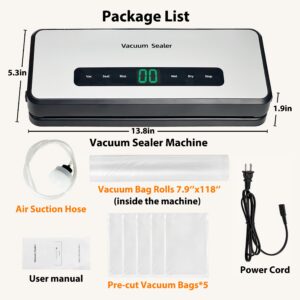 Vacuum Sealer Machine Built-in Bag Roll Storage and Cutter,Fast-Compact Food Sealer,90kpa Powerful Suction,Multi-Functional Food Vacuum Saver&Wide Seal,With1 Bag Roll&5pcs Pre-cut Bags