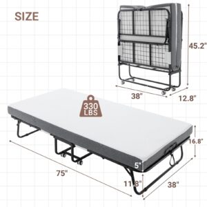 Kiivakii Rollaway Bed with Mattress for Adults, Portable Folding Bedframe with Memory Foam, Sturdy Metal Frame, Space Saving & Easy Storage, 75" x 38", Black and Gray