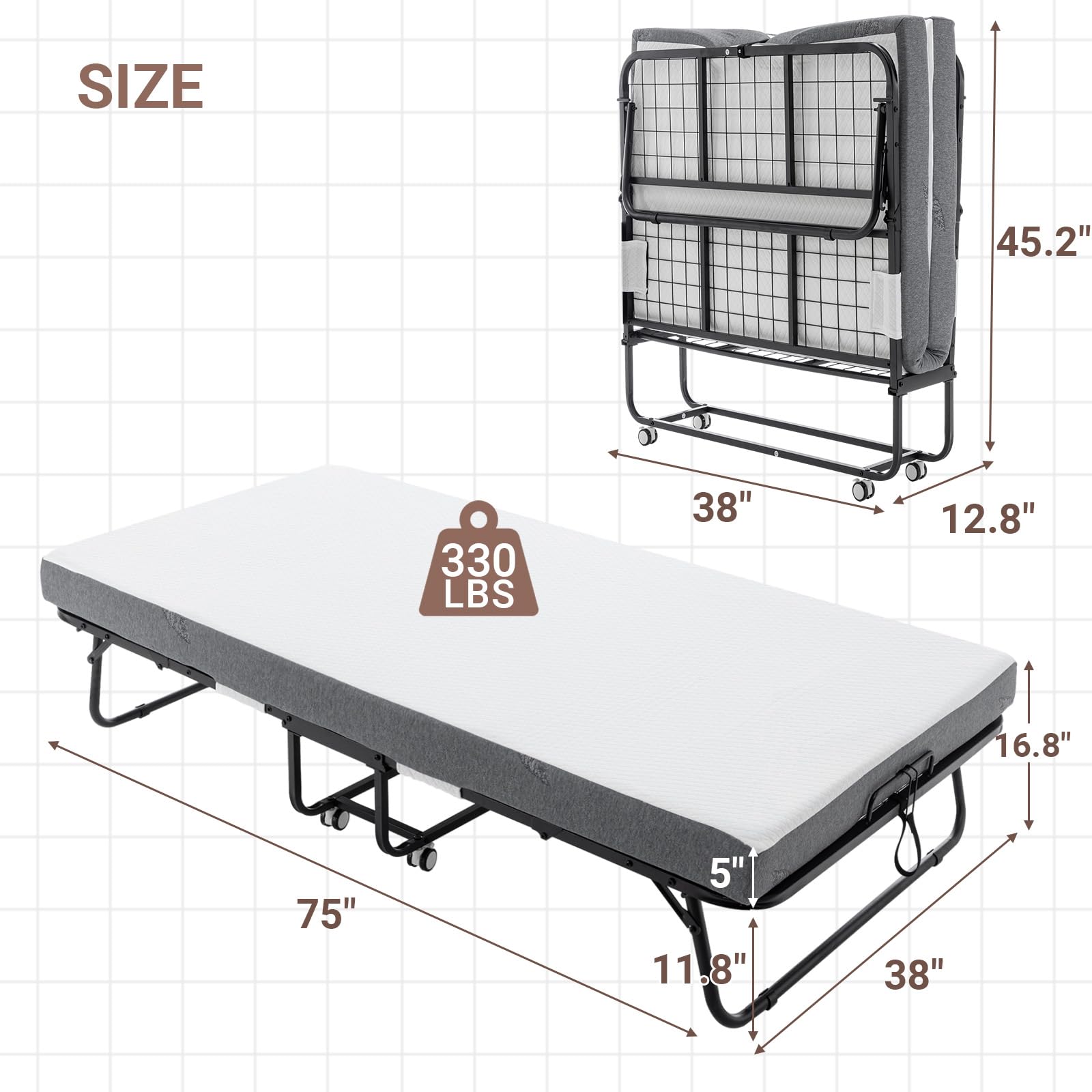 Kiivakii Rollaway Bed with Mattress for Adults, Portable Folding Bedframe with Memory Foam, Sturdy Metal Frame, Space Saving & Easy Storage, 75" x 38", Black and Gray