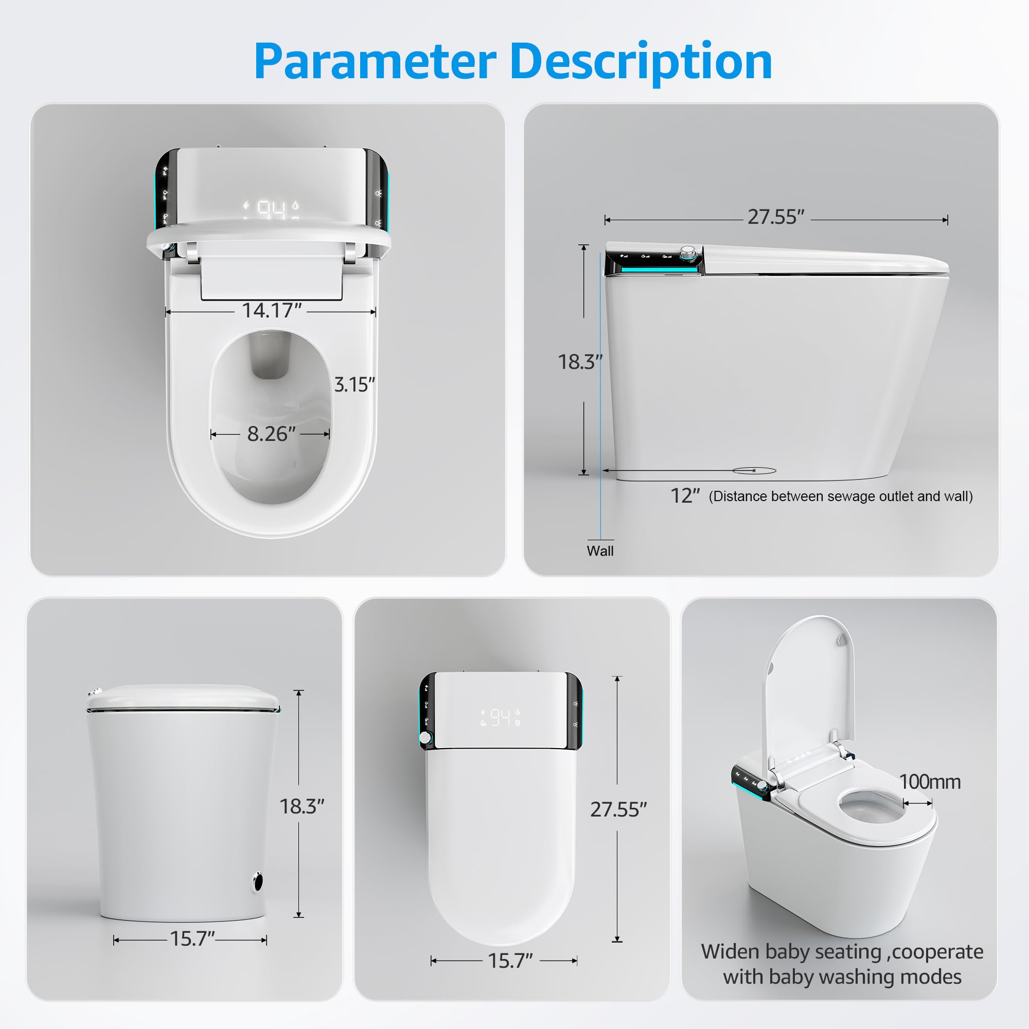 Smart Toilet with Auto Open/Close Lid, Bidet Toilet Pump-assisted, Blackout Flush, Heated Seat, Dual Auto Flush, Warm Water, Foot Sensor Operation, Tankless Elongated Toilets with LED Display