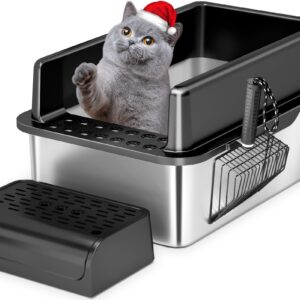 Stainless Steel Cat Litter Box with Lid, Extra Large Enclosure Litter Box for Big Cats, High Sided XL Metal Litter Pan Non-Sticky Anti-Leakage Odor Control Easy Cleaning(Black, 24” x 16” x 12”)