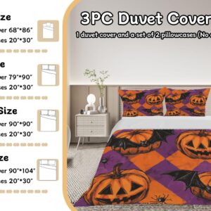 Pumpkin Face Duvet Cover Full Size 3D Printed Pumpkin Full Duvet Cover Set Bats Spider Scary Face Carved on Pumpkin Bedding Set Bedroom Decor All Season 3 Pcs Comforter Cover with 2 Pillowcases